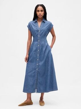 GAP Roll Cuff Cotton Denim Midi Shirt Dress